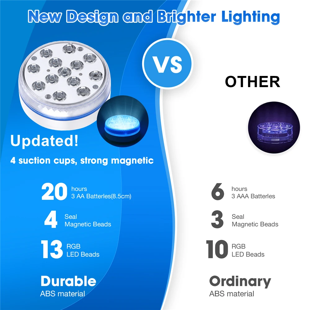 Aktualizovaná ponorná LED světel s daleký podvodní kaluž lehký IP68 magnetem 13 LED nepopsaný lampa RGB pro pond/pool/aquarium