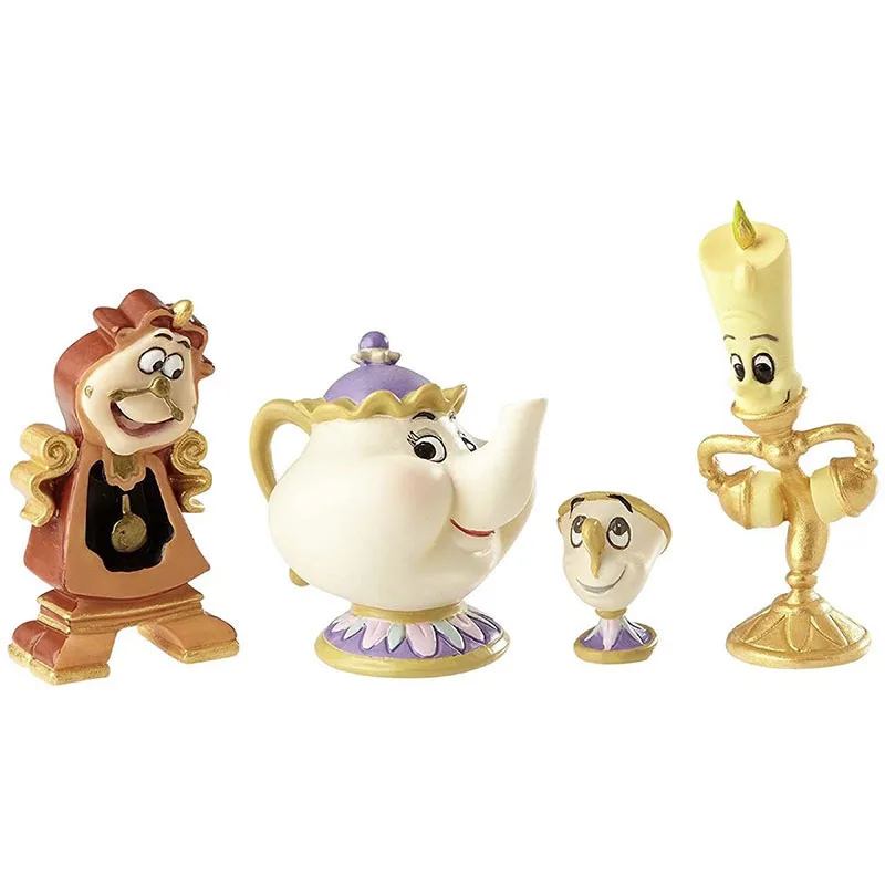 Herocross Disney 4Pcs Beauty And The Beast Lumiere Candle Candeliere Teiera Tazza Cogsworth Action Figure Giocattoli Decorazione Regalo