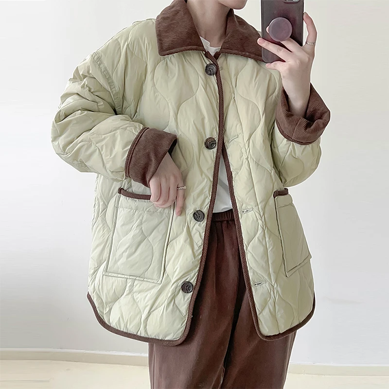 Lightweight down Jacket Women\'s Short Contrast Color Lapels Rhombus White Duck down Winter Coat