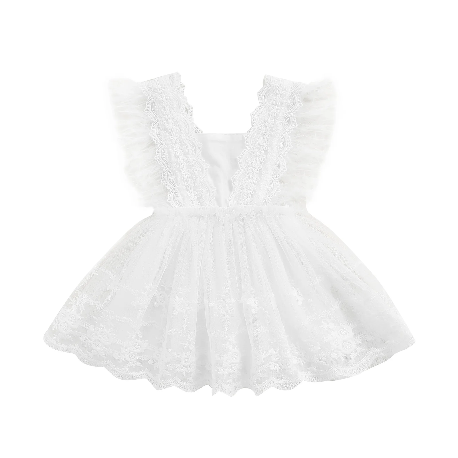 Robe décontractée pour nouveau-né fille de 0 à 24 mois, robe blanche sans manches à col carré et ourlet en dentelle 1 Robe décontractée pour nouveau-né fille de 0 à 24 mois, robe blanche sans manches à col carré et ourlet en dentelle 1