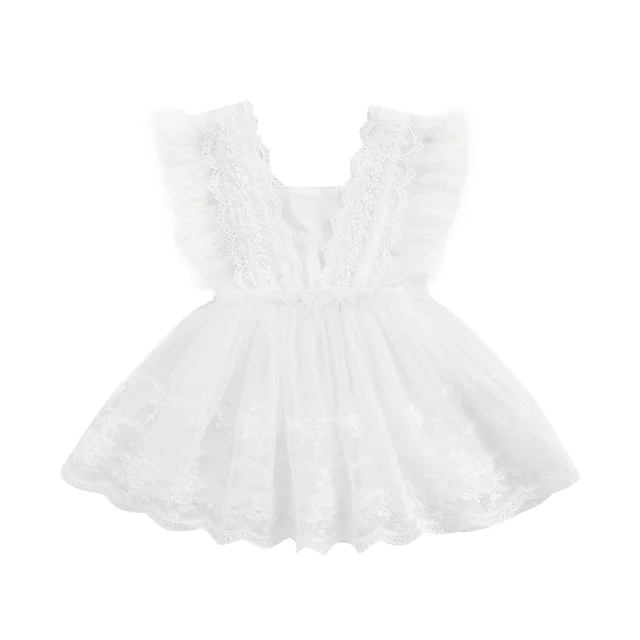 Robe décontractée pour nouveau-né fille de 0 à 24 mois, robe blanche sans manches à col carré et ourlet en dentelle 1