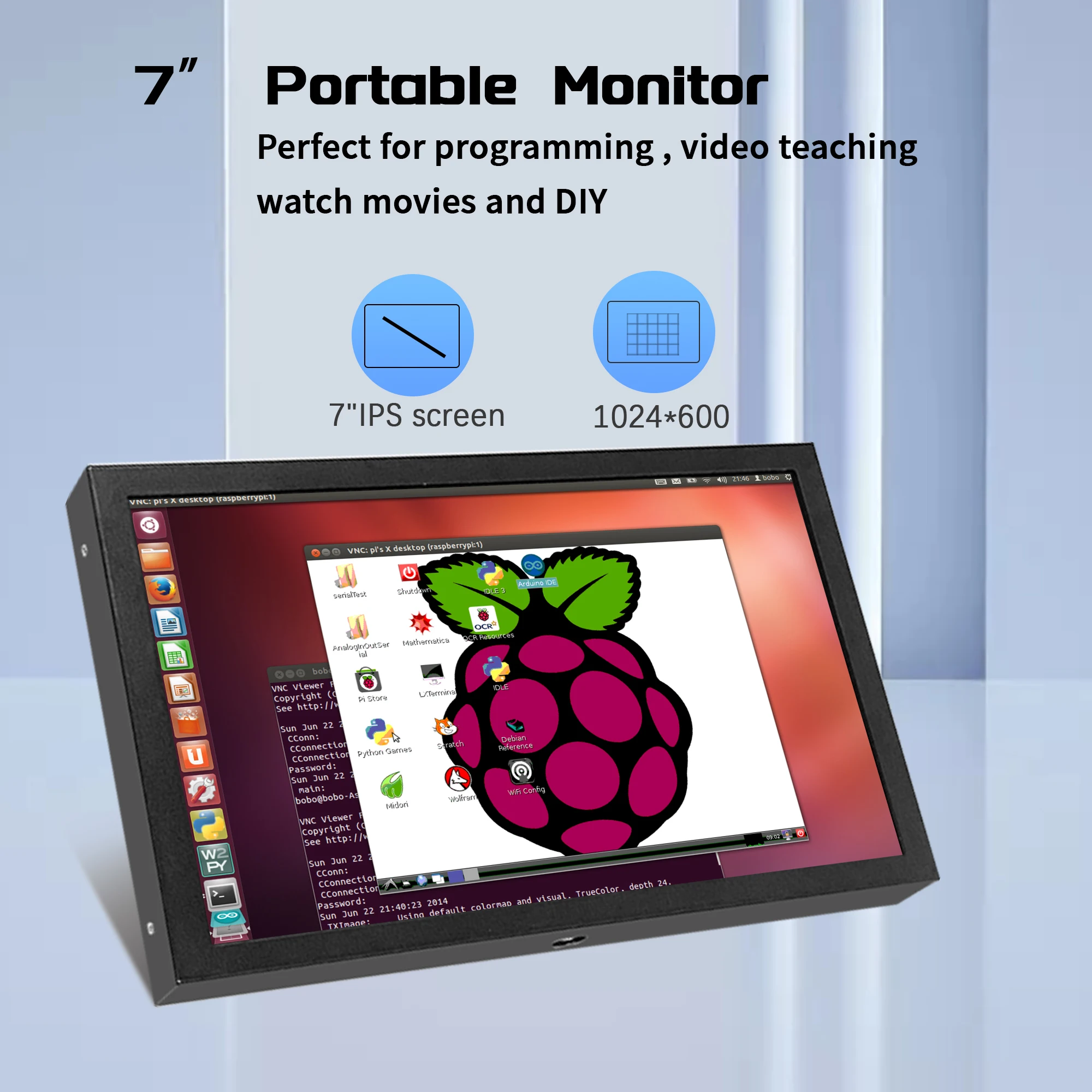 Tela IPS Multi-Interface, 1024x600 LCD, Monitor Portátil,