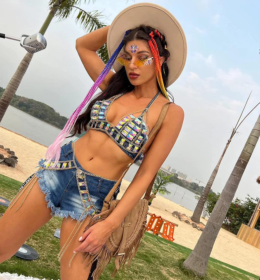 New Women Body Jewelry Chains Crystal Halter Bra Chain With   Waist Chain Beach Bikini Set Tassel Body Jewelry Accessories Party