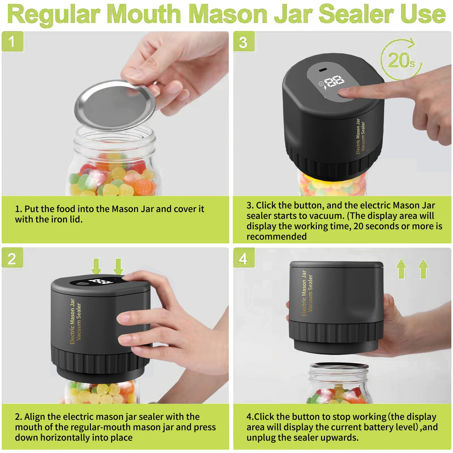 Electric Mason Jar Vacuum Sealer, Cordless Vacuum Sealer Kit for Wide-Mouth and Regular-Mouth Mason Jars, for Food Storage images - 6