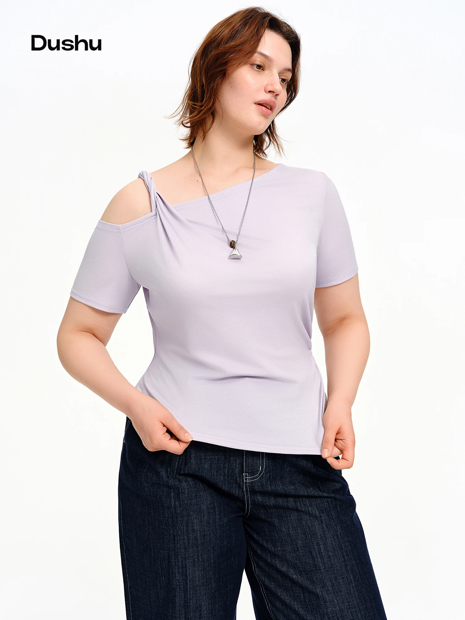 DUSHU Asymmetrisches Off-Shoulder Damen T-Shirt 2026 Sommer Kurzarm Einzigartiges Mehrfarbiges Slim-Fit Top Einfarbig