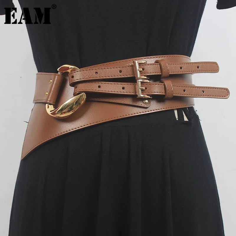 

[EAM] Pu Leather Apricot Irregular Double Buckle Wide Belt Personality Women New Fashion All-match Spring Autumn 2024 1DF7643