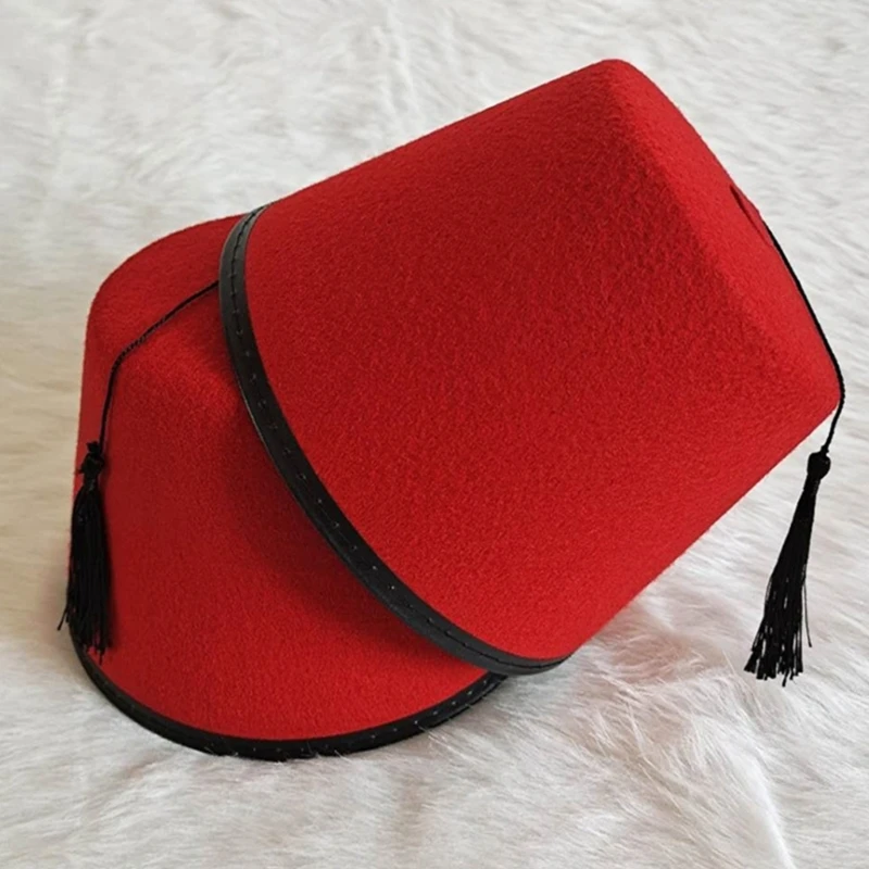 Tarboosh Fez Hat Men Universal Red Moroccan Hat Ottoman Round Breathable Turkish Tassels Cap Role Play Headwear