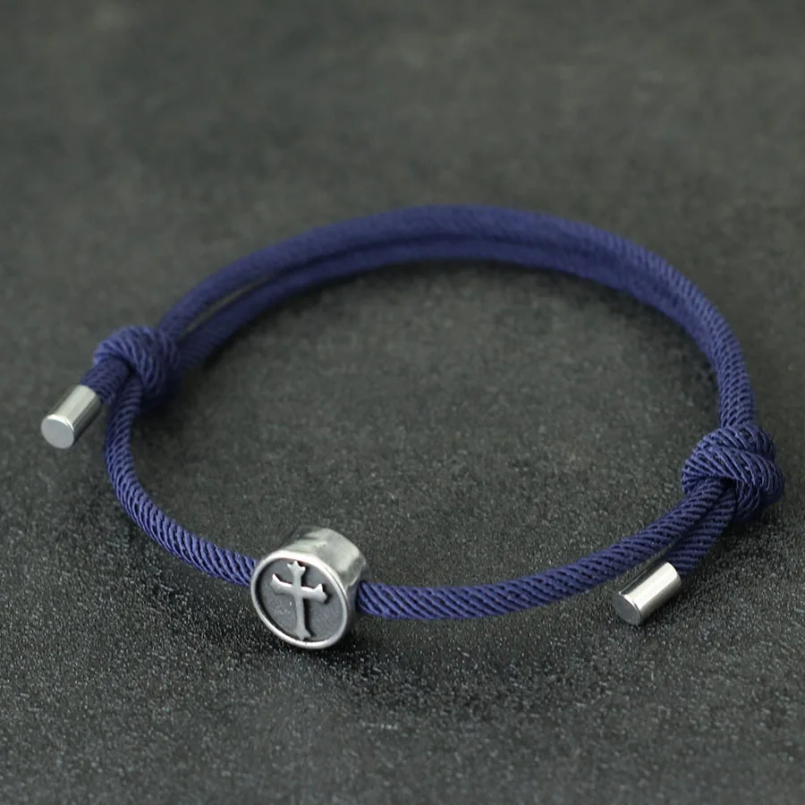 Stainless Steel Viking Cross Mens Bracelet Adjustable Rope