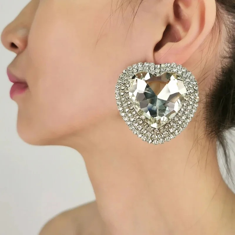New Fashionable Colorful Crystal Big Heart Stud Earrings for Women Girls Metal Statement Rhinestones Earings Luxury Jewelry