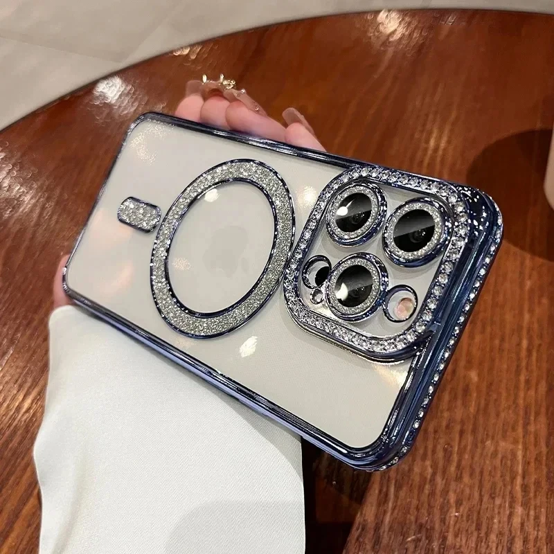 thumbnail image 1 of Luxury Diamond Glitter Clear Plating Case For iPhone 15 14 Plus 13 12 11 Pro Max 15 Shockproof Magnetic Wireless Charging Cover, 1 of 5