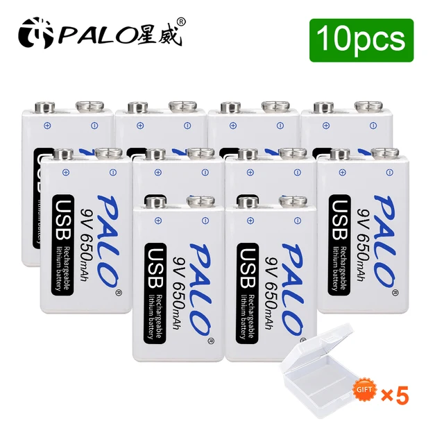 Rechargeable 9V Battery 650mAh Micro USB 9 Volt 6F22 Lithium Crown 9v Batteries for Multimeter KTV Microphone Metal Detector 10PCS