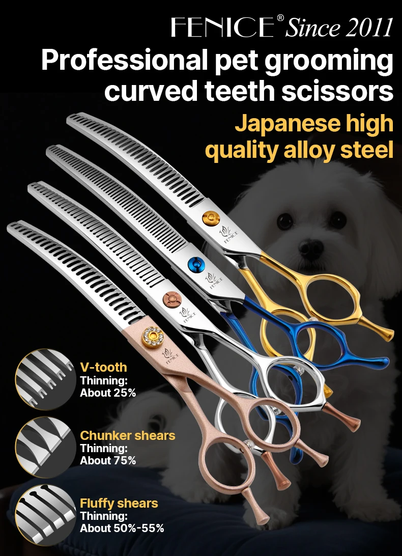 Fenice Hochwertige 6,5/7 Zoll professionelle Tierpflegeschere, gebogene Effilierschere für Hunde und Katzen, Tierhaar, Tijeras Tesoura – Detail 1