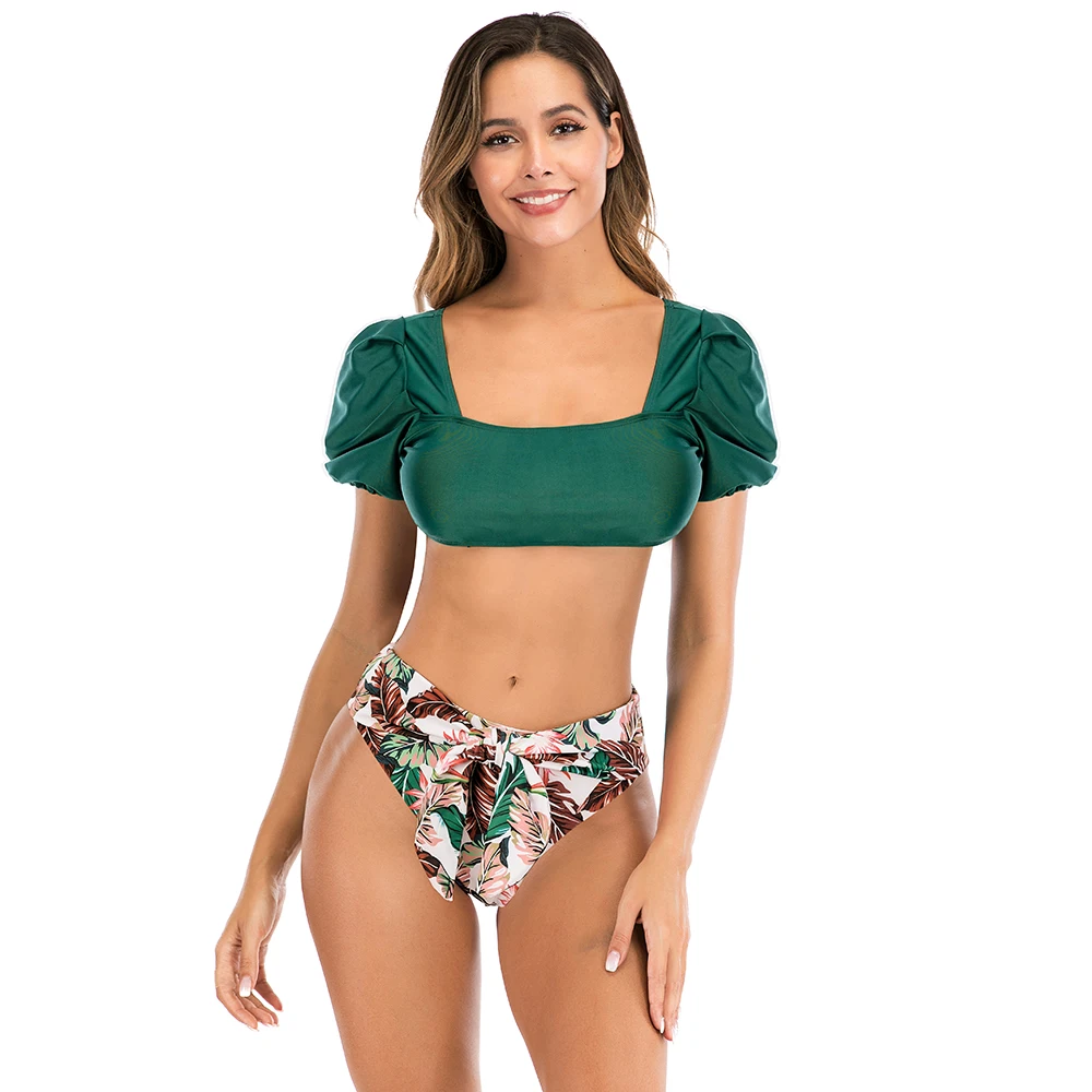 TYAKKVE 2024 Sexy Women Swimsuit High Waist Bikini Puff Sleeve Swimwear Beach Bandeau Thong Brazilian Bikini Set Bathing Suit