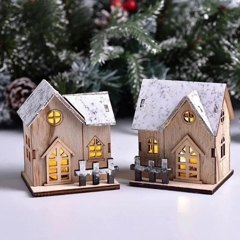 Christmas Luminous Wooden House Merry Christmas Home Decorations DIY Xmas Tree Decor Kids Gifts New Year Christmas LED Light