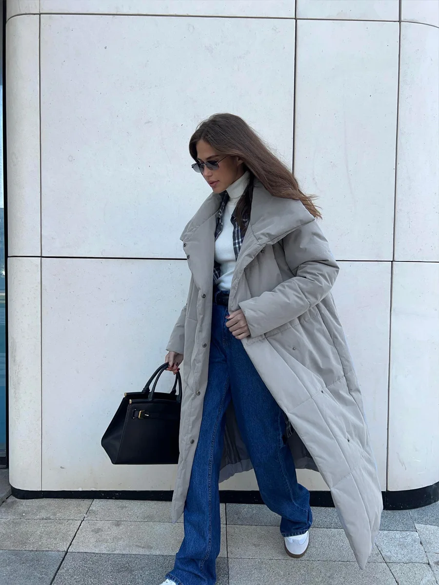 Winter Female Parkas Outwear Loose Lace-Up High Waist Long Sleeve Pocket Lapel Bandage Coat For Women Solid Parkas