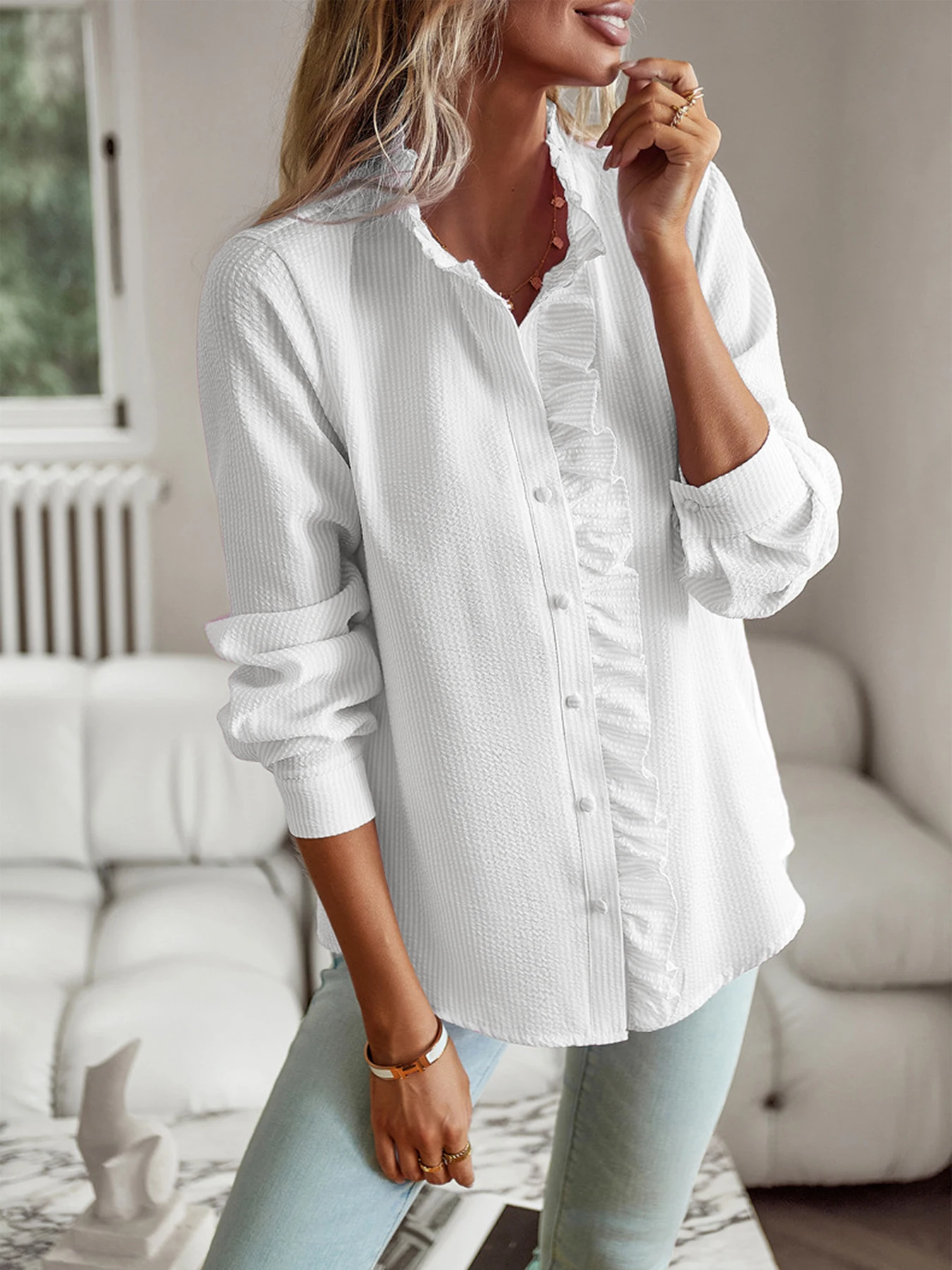 Neuer Stil 2024, Temperament-Pendlerbluse, Strickjacke, gekräuselt, langärmelig, Puffärmel, Hemdbluse für Damen – Detail 16