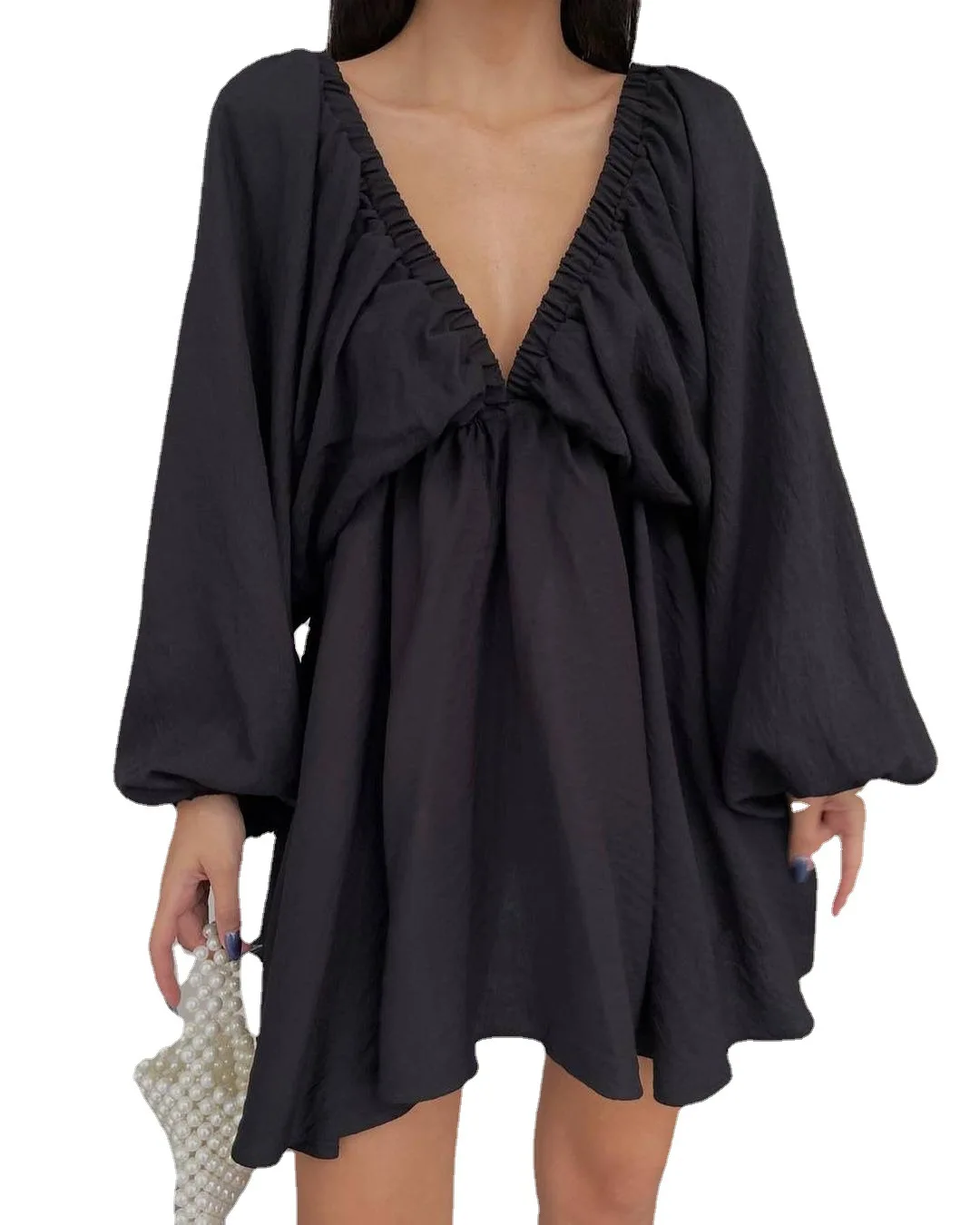 

Y2KtrendWomen'S V-Neck Long Sleeve Dress, Self Designed Bubble Sleeves, Large Swing Skirt, Casual Fashion, N