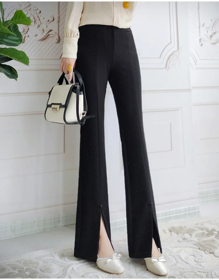 2024 Spring new Women's black flared pants with Chinese style buttons semi elastic high waisted slim fit