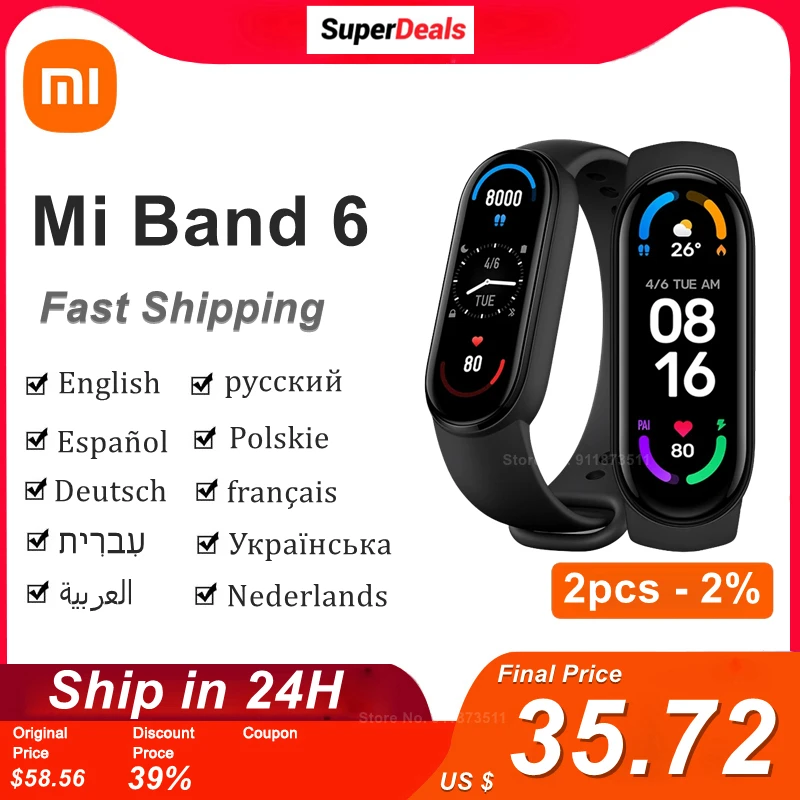 Original Xiaomi Mi Band 6 Smart Bracelet Watch Mi Smart Band 6 Sports Fitness Tracker AMOLED Screen Blood Oxygen Monitor Mi6