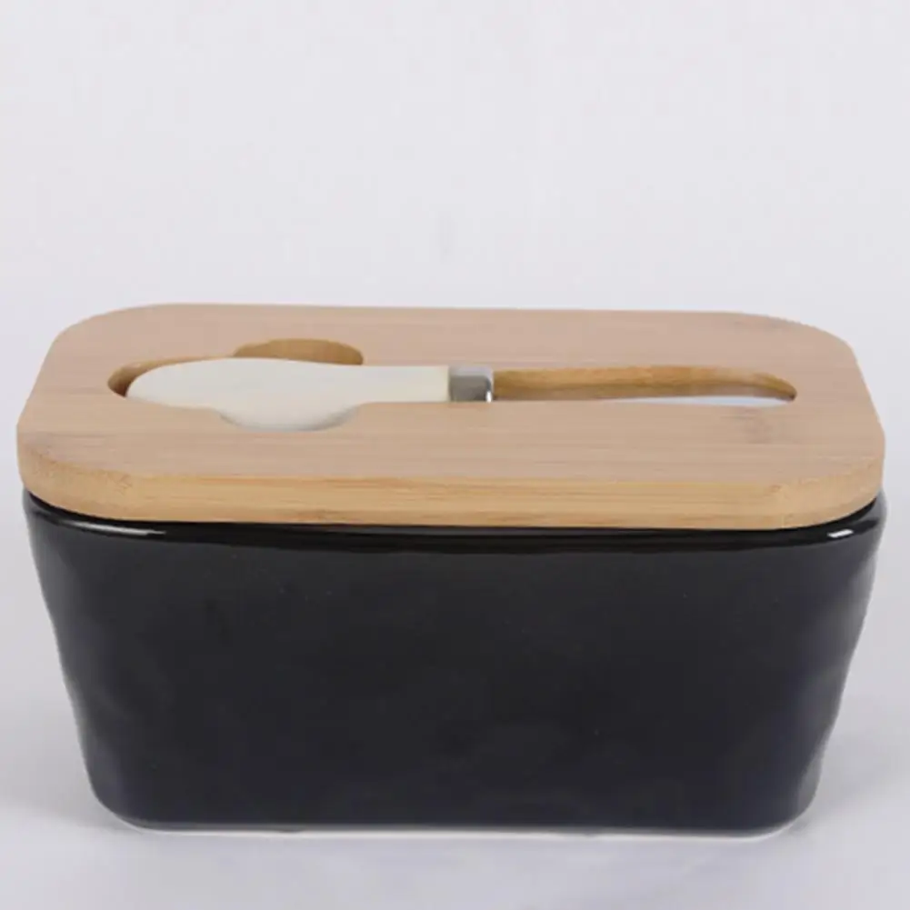 Fridge Butter Container Easy to Clean Butter Dish Elegant Ceramics Dish with Wooden Lid Stainless Steel for Kitchen