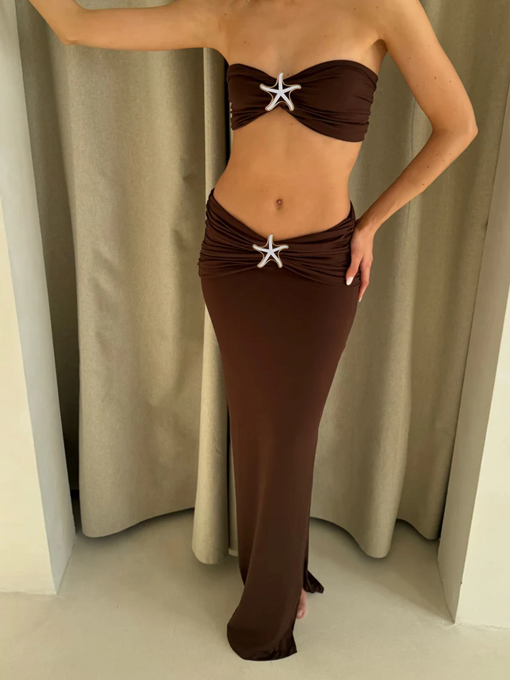 Bandeau Swimsuit Women Halter Bathing Suit with Skirt Coverups Beach Party Dress Vacation Outfit K201