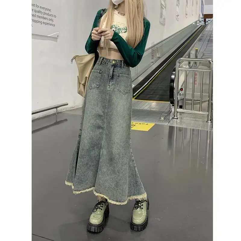 Korean Style Denim Skirt A-Type Female Literary High Waist Retro Long Skirt Fashion Stretch Sexy New Fishtail Design 2023 spring summer new split denim skirt retro design mid length slim fit half skirt high waist slim wrap hip korean style