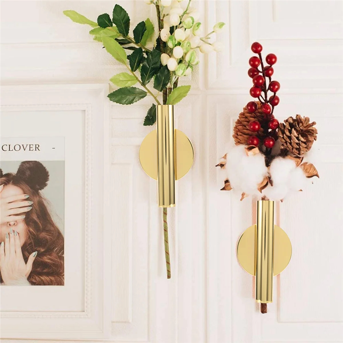 4Pcs Wall-Mounted Flower Tube Wall Metal Vase Decoration Stand Dry Vase Stand for Displaying Flower Decoration,Gold 3