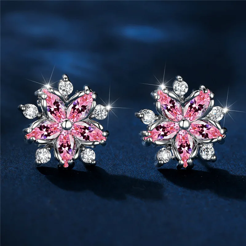 Luxury Female Red Stone Flower Stud Earrings Silver Color Zircon Wedding Jewelry For Women
