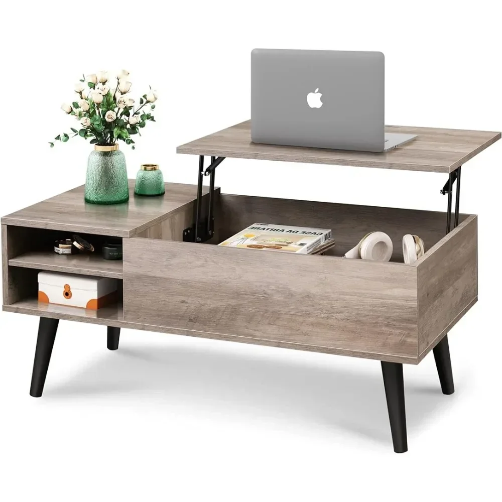 

Cafe Table Serving Coffee Greige Center Room Table Small Hidden Compartment and Adjustable Shelf Coffee Tables for Living Room