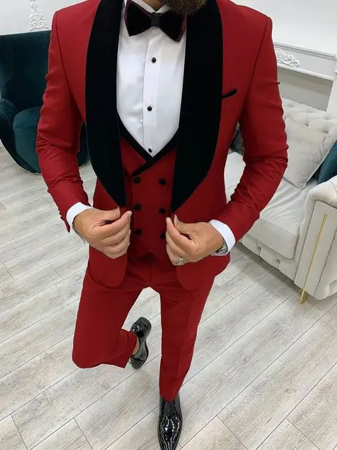 2024 Fashion Green Business Men Suit 3 Pieces Male Dress Custom Groom Wedding Suit Tuxedo Black Velvet Lapel Blazer Vest Pants