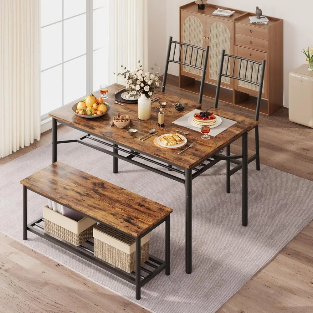 Dining Tables Set for 4 Kitchen Tables and Chairs with Storage Bench Kitchen Table Set with Wine Rack Dining Room Table Brown