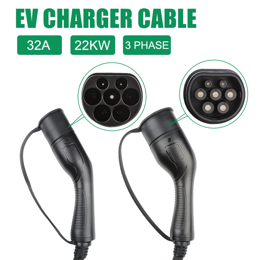 EV Charging Cable 32A 22KW 3 Phase Car Battery Charger for Charging Station Type  2 Female to Male Plug 5M Wire Portable Charger - AliExpress