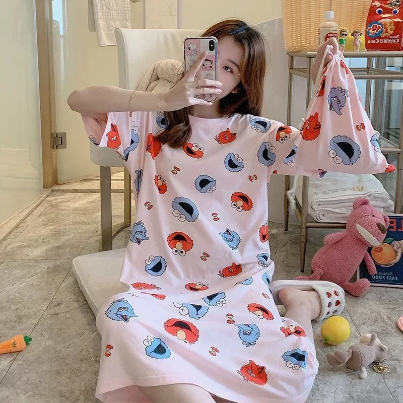 

New Summer Night Dress Women Free Size Nightgown Cartoon Print Sleepshirts Short-sleeves Nightie Nightdress Cotton Sleepwear