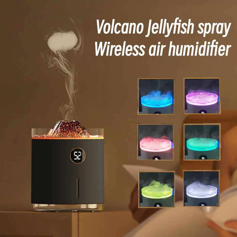 350ML Wireless Volcanic Flame Air Humidifier Jellyfish Smoke Ring Spray 1200mAh USB Rechargeable Ultrasonic Atomizing Mist Maker