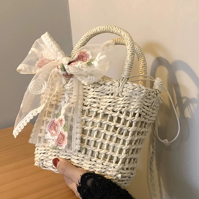 Floral Embroidery Bow Decor Straw Bag Woven Hollow Shoulder Bucket Bag Holiday Beach Bag Summer Crossbody Bag Handbag