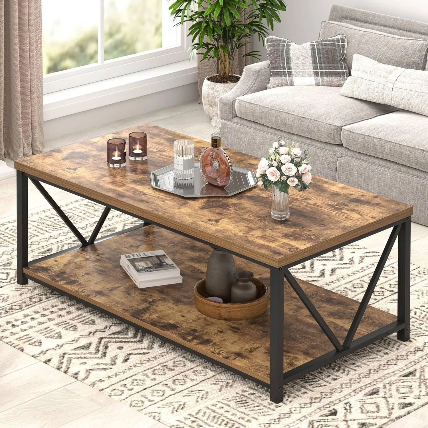 Rustic Wood & Metal Coffee Table with Storage Shelf 1