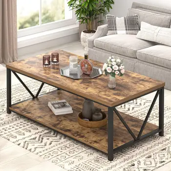 Rustic Wood & Metal Coffee Table with Storage Shelf 1