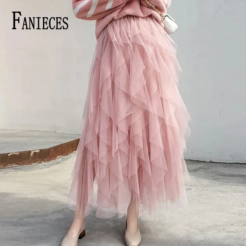 

FANIECES Women Midi Skirt Tulle Layers Elegant Party Skirt Solid High Waist Tutu Skirts Female Party Dating Saia Tule Faldas