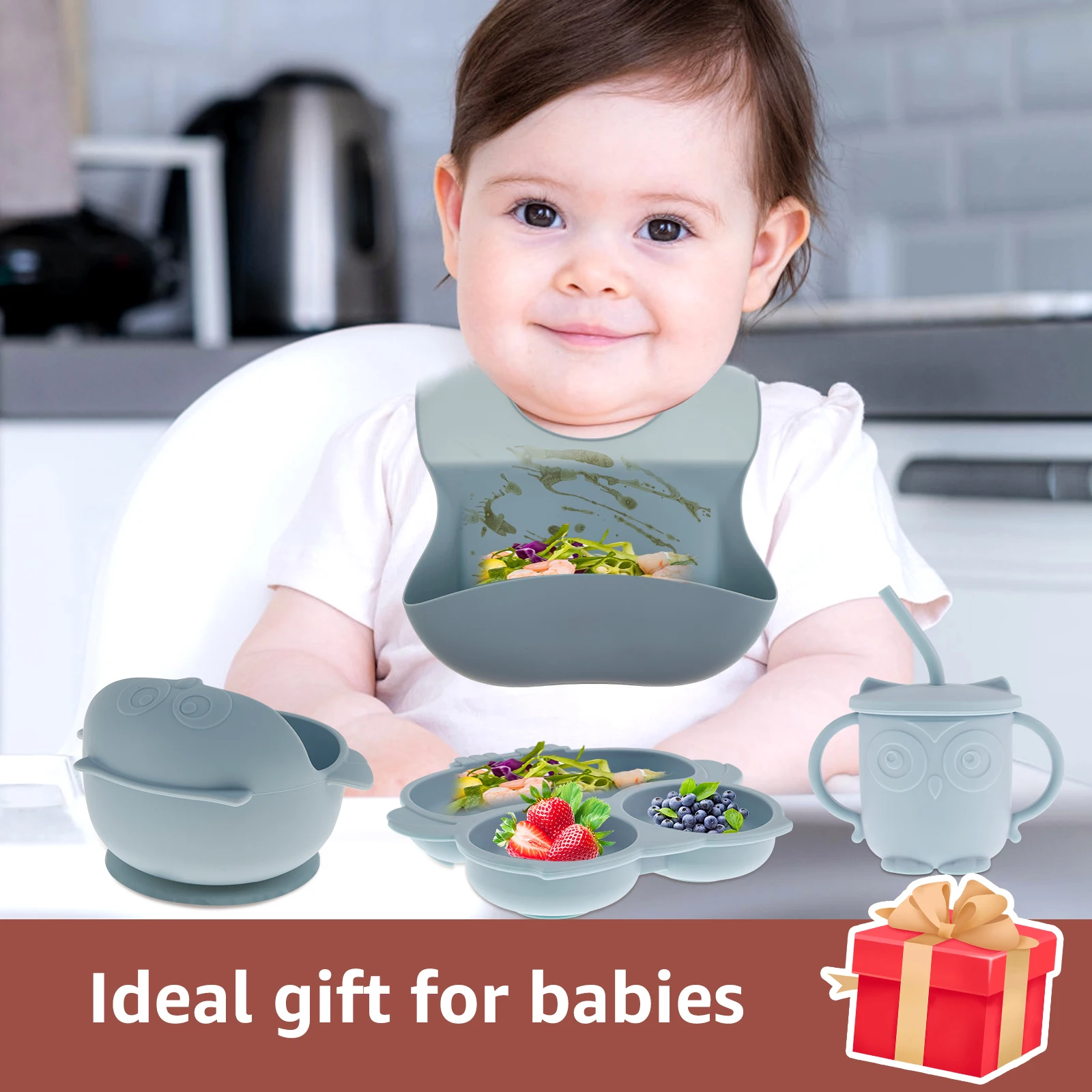 11/5pcs Baby Dining Plate Silicone Tableware Set Toddler Feeding Divided Dinner Tray for Infant Weaning Baby Saliva Dripping Bib