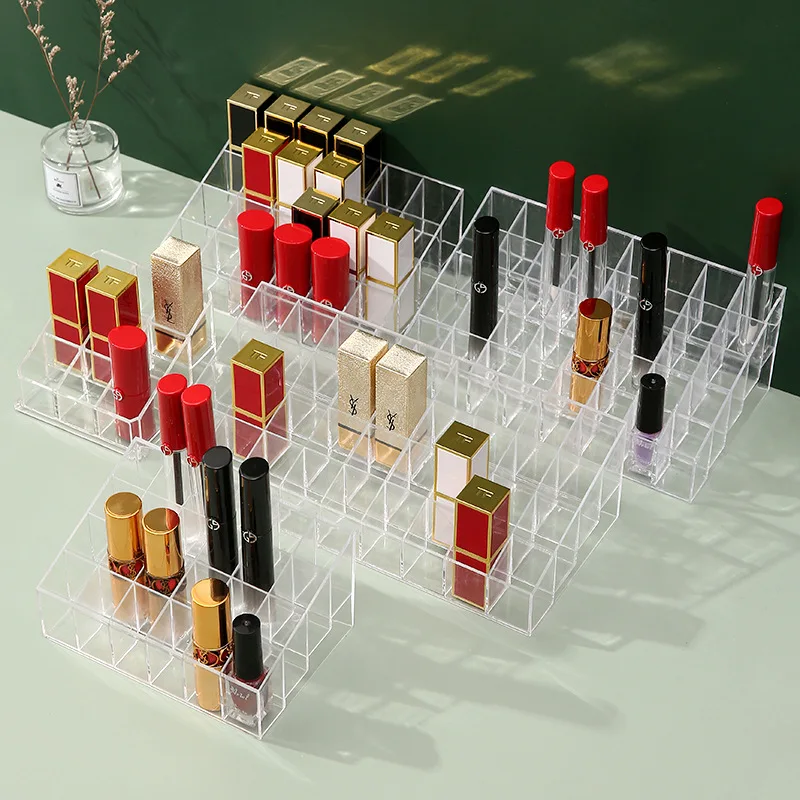 24/40 Lattice Trapezoid Plastic Transparent Makeup Display Rack Lipstick Stand Rack Cosmetic Organizer Holder Box High Quality