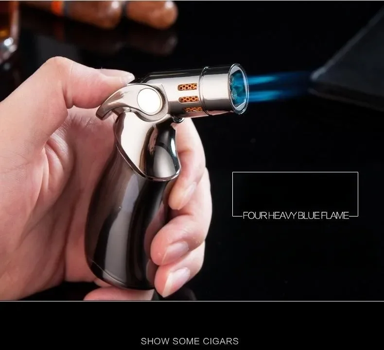 Description Picture 5 of itemJOBON Hot Sale 4 Flame Direct Flush Turbo Torch Butane Gas Lighter H Flame Adjustable Wormwood Cigar Special Windproof Lighter