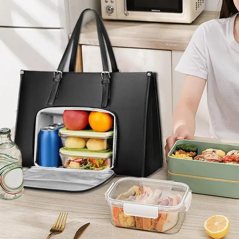 Women's 15.6" PU Leather Lunch Tote Bag - Insulated Laptop Bag With Leakproof Cooler Pocket - View #6