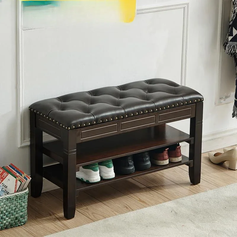 

New Chinese-style door storage, shoe changing stool, shoe cabinet, all solid wood, simple leather, shoe stool, simple shoe rack,