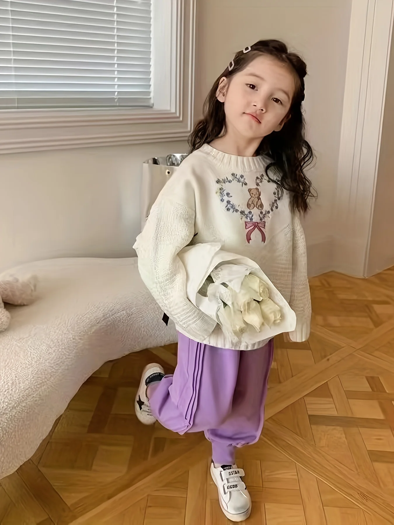 سترة محبوكة مطرزة بالزهور على الطراز الكوري للفتيا...