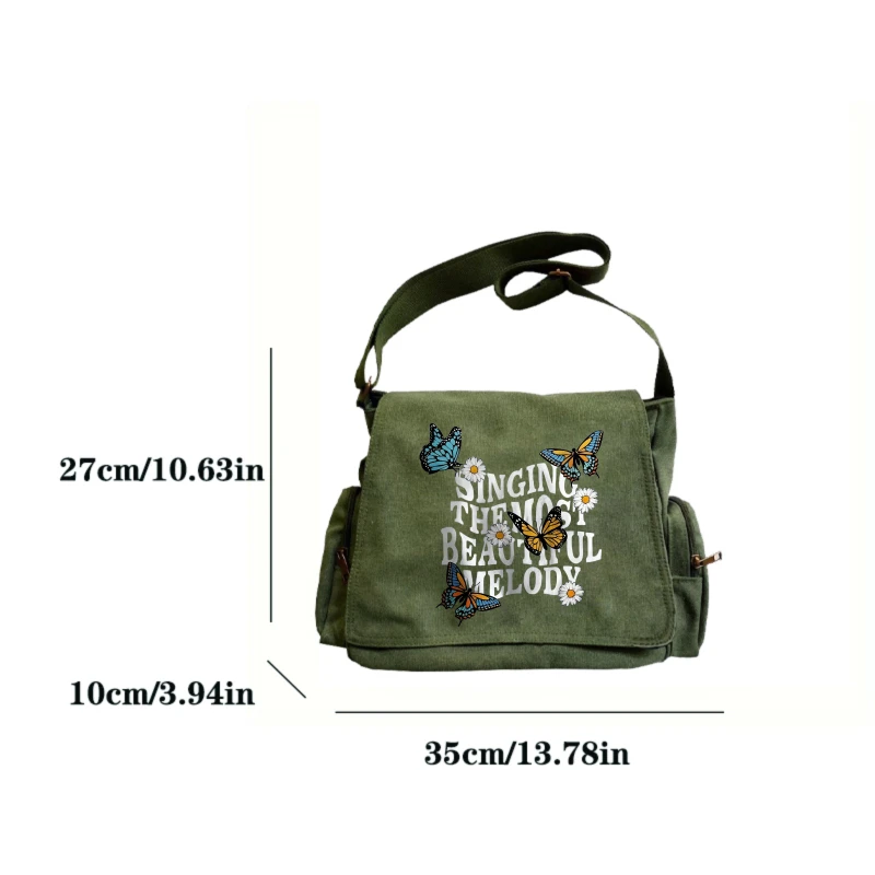 Casual Women's Shoulder Bag Canvas Butterfly Print Large Capacity Messenger Bag Daily Use Travel Crossbody Bag