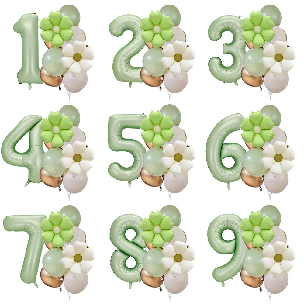 

3-13pcs Vintage Green Daisy Balloon Set 40inch Green Foil Number Balloons 1-9 Years Old Birthday Anniversary Party Decors Globos