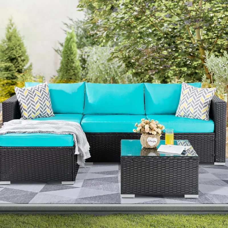 

Shintenchi Outdoor Wicker Patio Sofa Set, Black All-Weather Rattan Small Sectional Patio Set and Chaise Lounge w/ Glass Coffee
