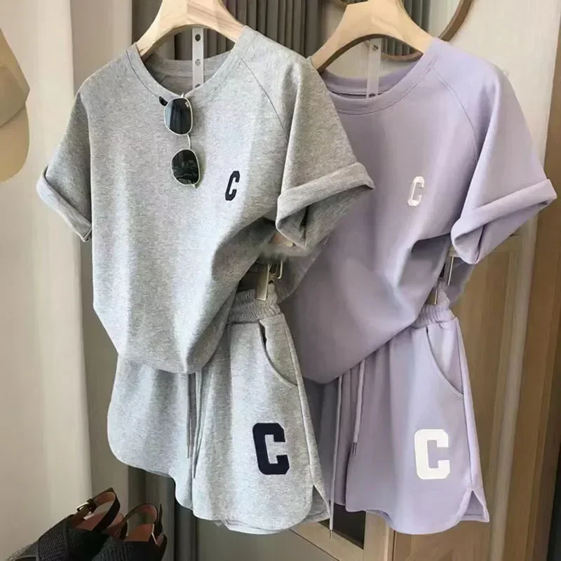 

Casual Sports Suits Women Summer Short T-shirt Tops Wide Leg Shorts Fashion Running Two Piece Sets Womens Clothing Sporty Outfit
