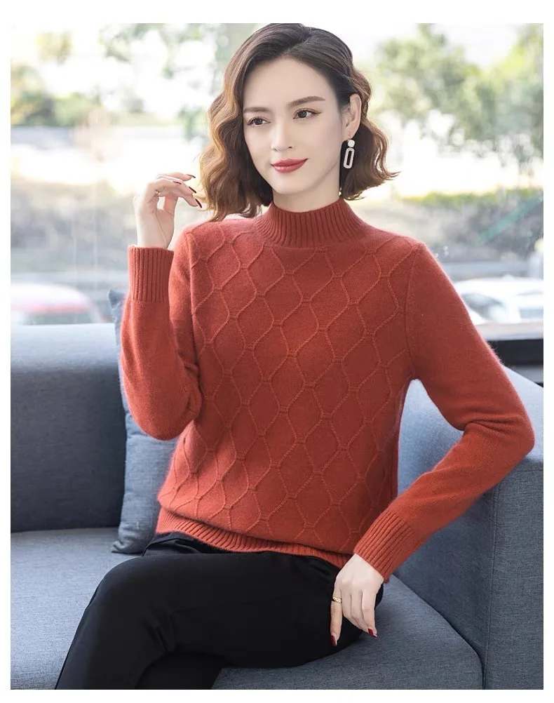 Lässiger einfarbiger Pullover mit halbem Stehkragen, modischer Herbst-Winter-Strick-Basispullover, warme Damen-Bottom-Oberteile, Pertanian – Detail 3