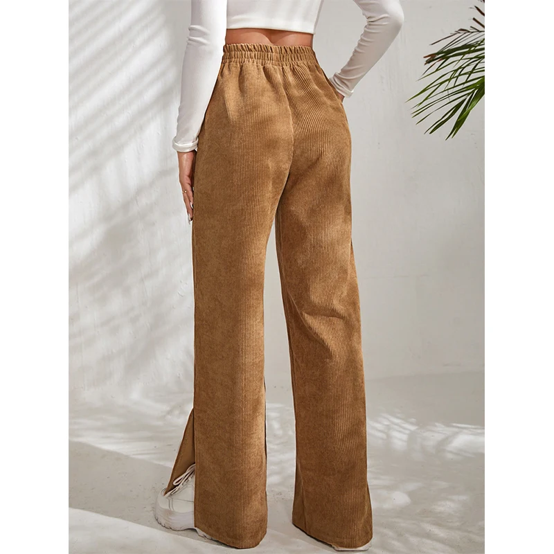 Autumn Winter Women's High Waist Corduroy Wide Leg Pants Ladies Solid Color Loose Casual Slit All-match Trousers Female Clothes